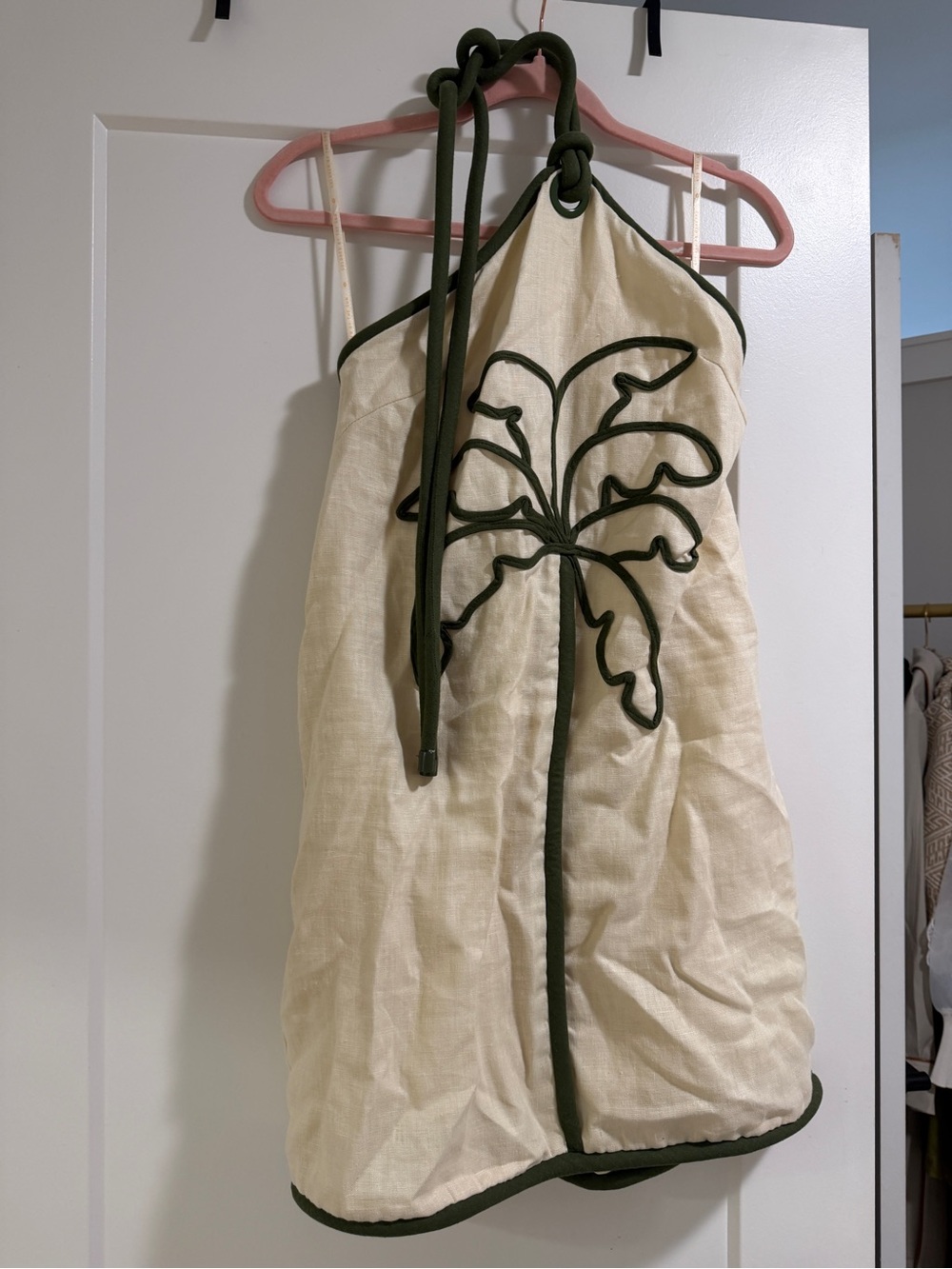 FARM Rio Cream Halter Mini Dress with Olive Palm Embroidery